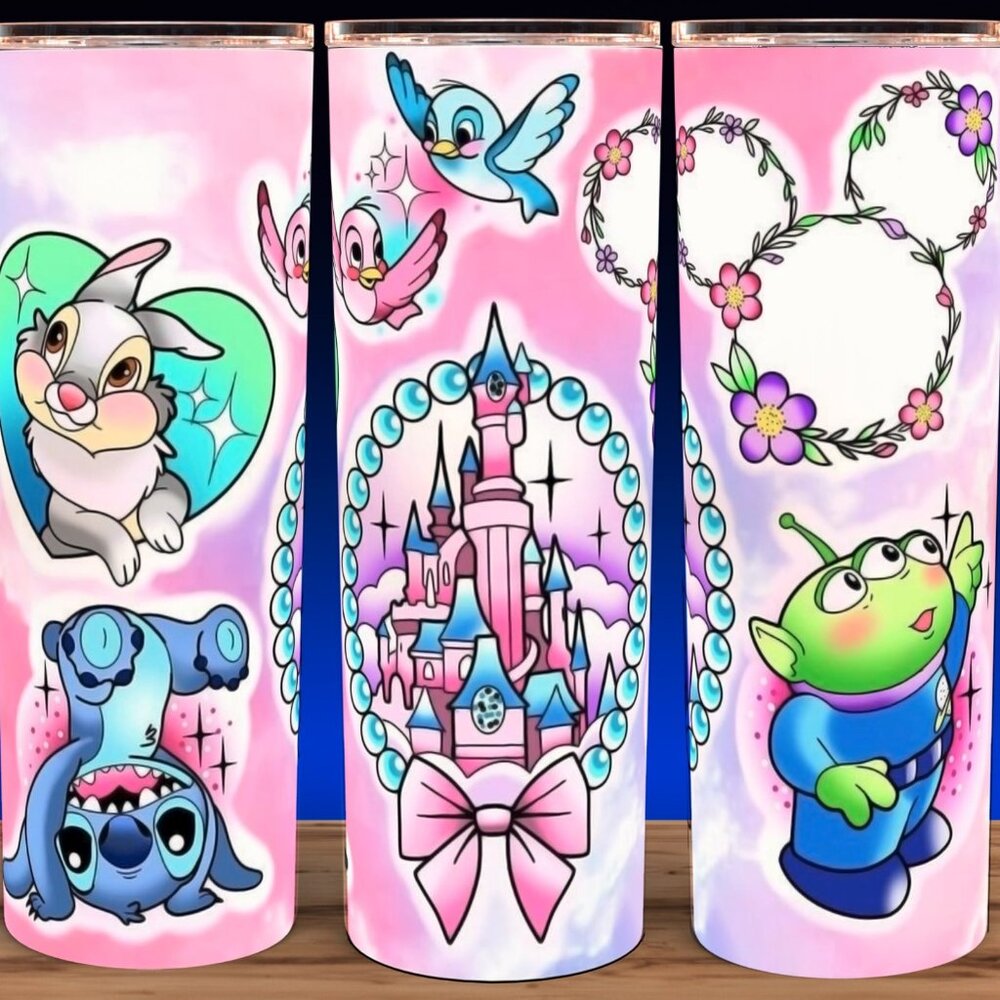 Pink Watercolor Thumper Toy story 90s Stitch Castle Cartoon Retro Tumbler 20oz